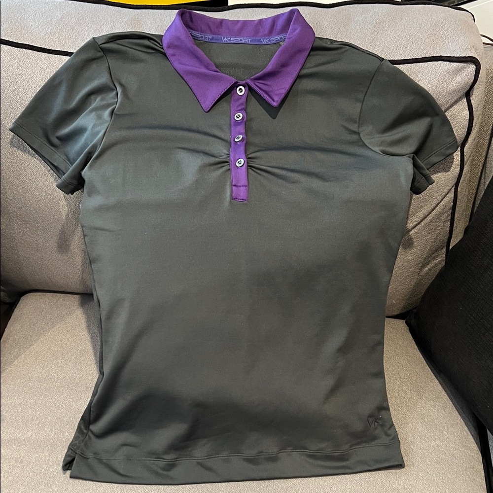 VK Sport Gray Golf Tennis Pickleball Polo Shirt with Purple Collar